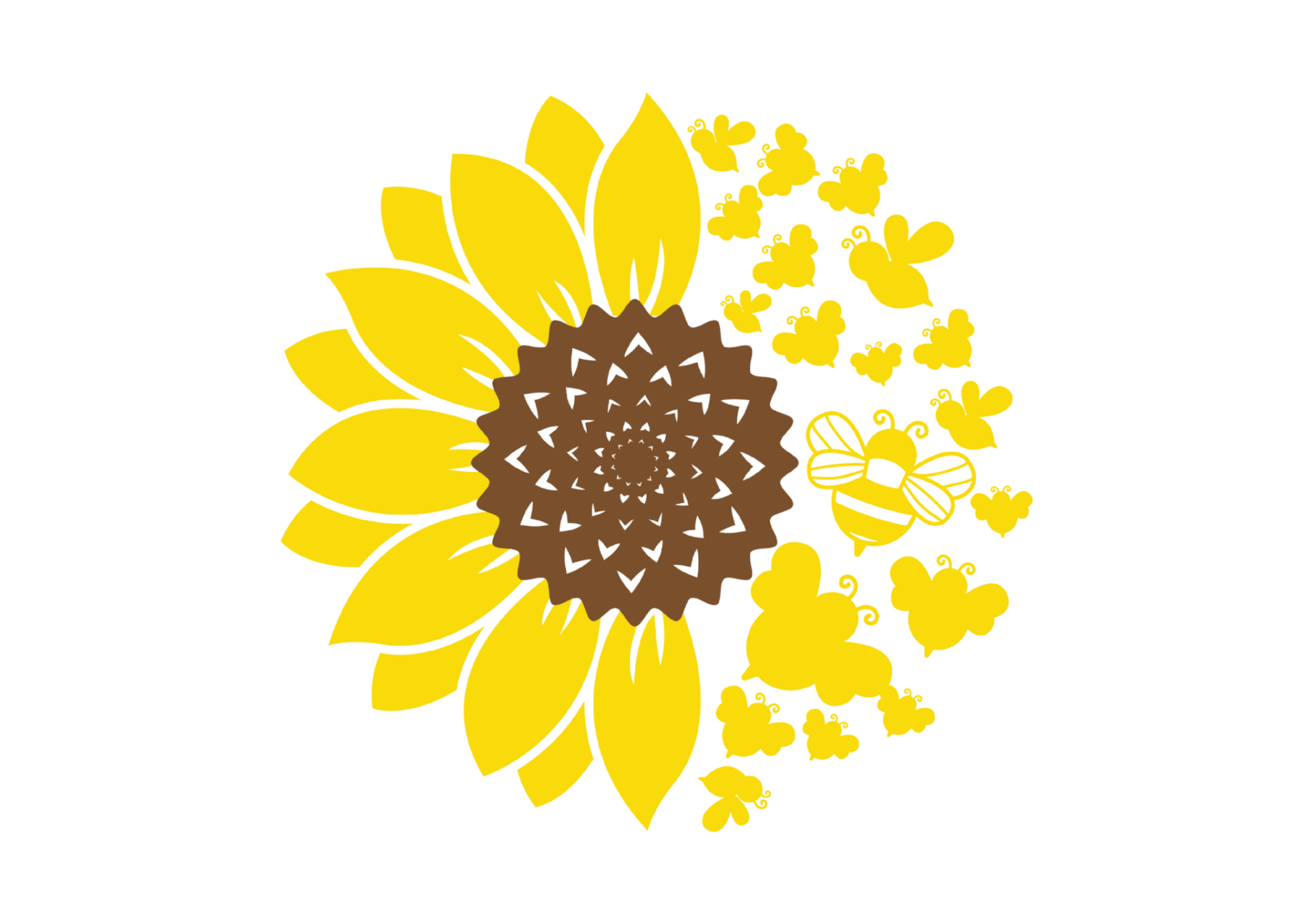 Sunflower graphic with petals falling off and turning into bees flying away
