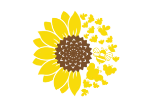 Sunflower graphic with petals falling off and turning into bees flying away
