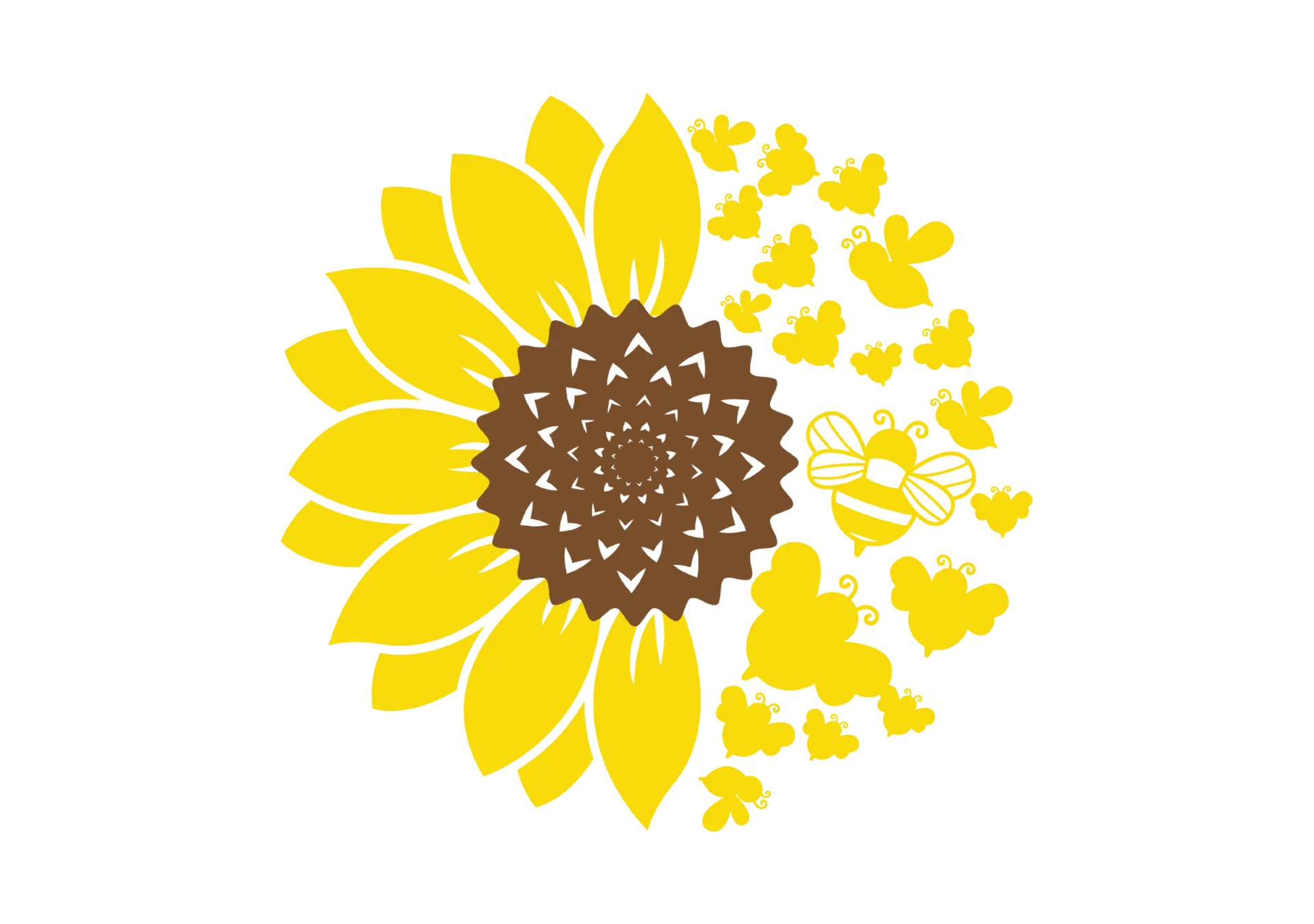 Sunflower graphic with petals falling off and turning into bees flying away