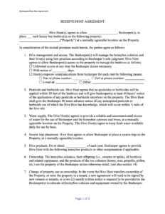 A legal document titled Beehive/Host Agreement detailing terms for a beekeeper to place beehives on another partys property, formatted with headings, bullet points, and a section indicating it is page 1 of 3.