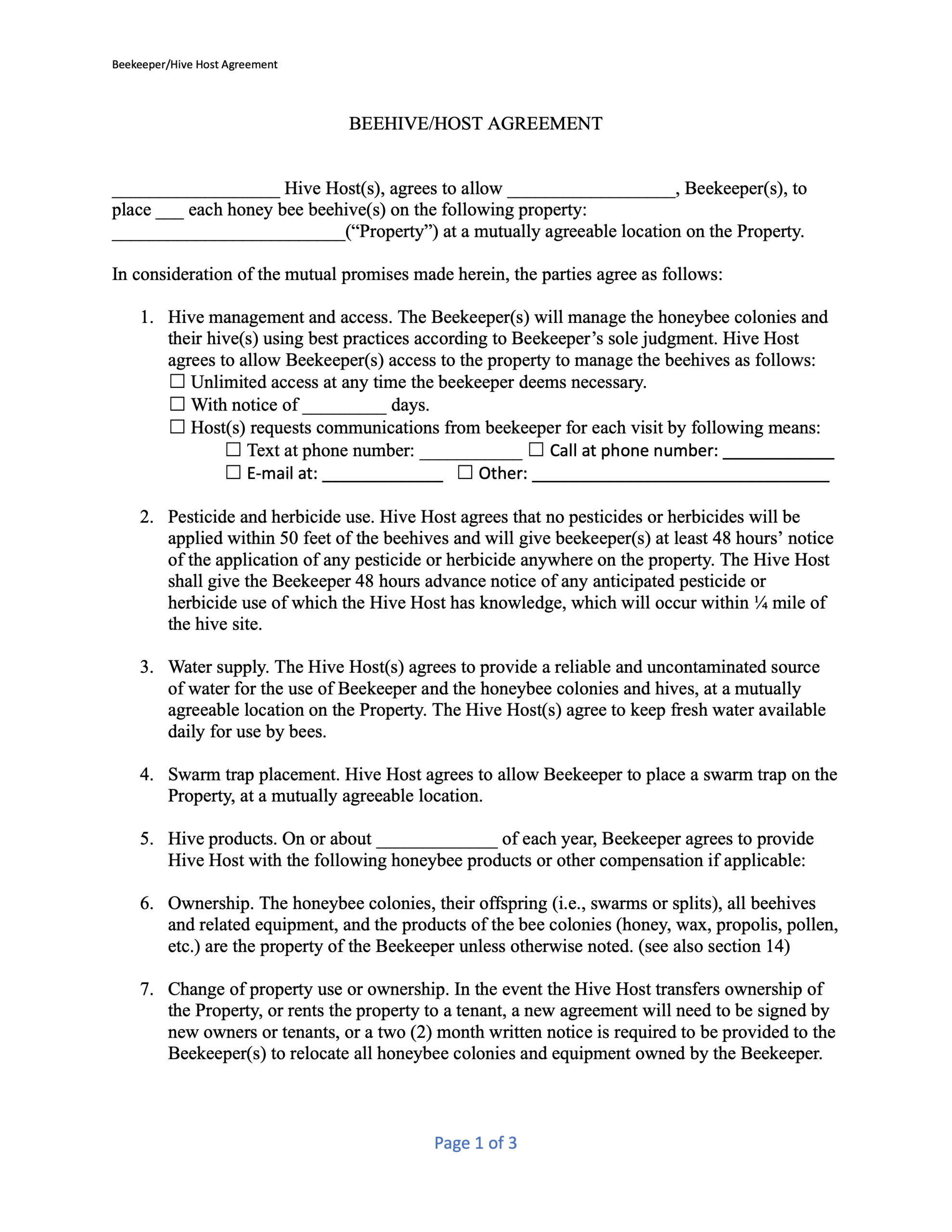 A legal document titled Beehive/Host Agreement detailing terms for a beekeeper to place beehives on another partys property, formatted with headings, bullet points, and a section indicating it is page 1 of 3.