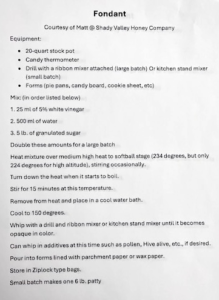 A printed recipe titled Fondant lists required equipment and ingredients, along with step-by-step instructions for making fondant, including mixing, heating, cooling, and storage directions.