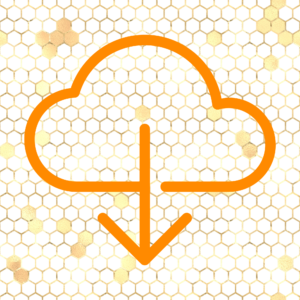 An orange cloud with a downward arrow inside is centered on a white hexagonal pattern background with gold accents.