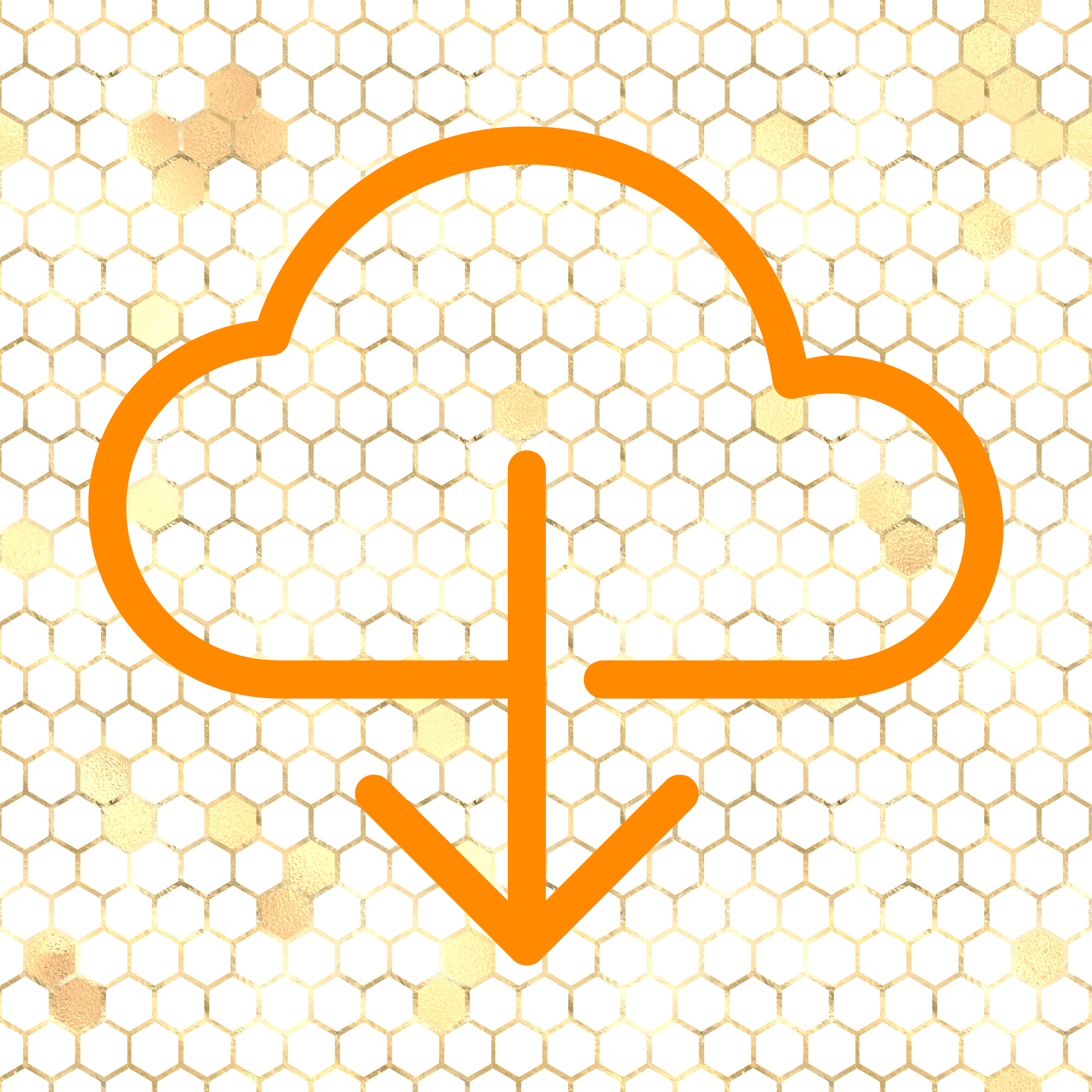 An orange cloud with a downward arrow inside is centered on a white hexagonal pattern background with gold accents.